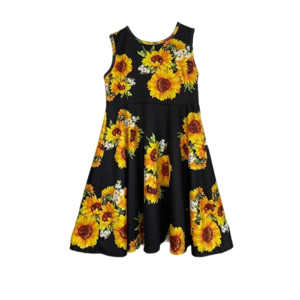 Funnycokid Bold Sunflower Sleeveless Black Dress